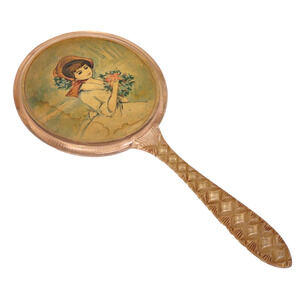 Vintage/Antique Art Deco Celluloid Bakelite Handheld Vanity Mirror Girl Portrait